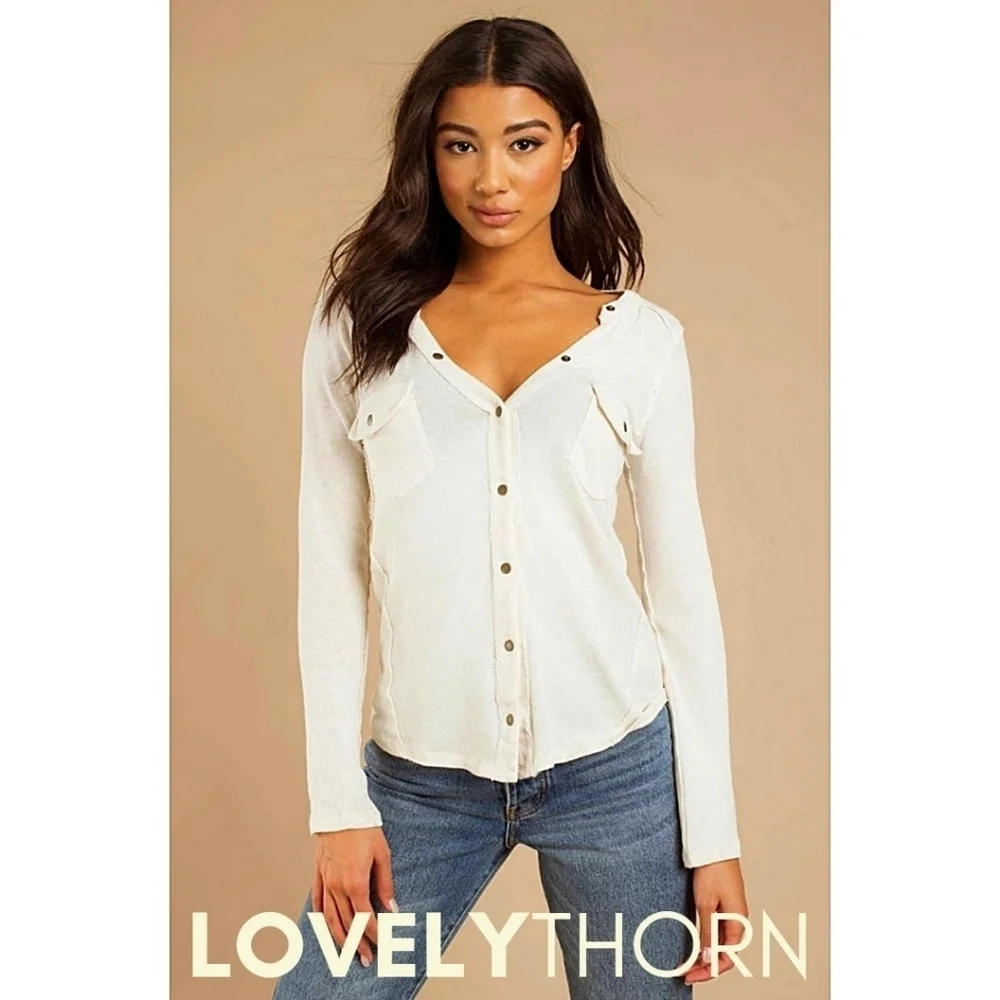 FREE PEOPLE // long sleeve plunge snap button flap pocket woven knit henley